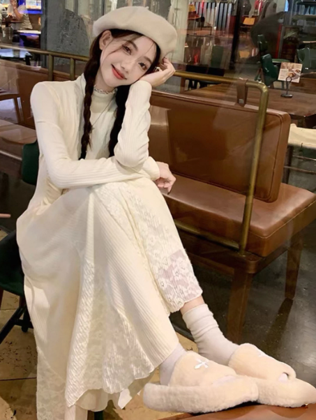Clean White Lace Trim High Collar A-Line Maxi Women Dress Holiday Dress YM2743