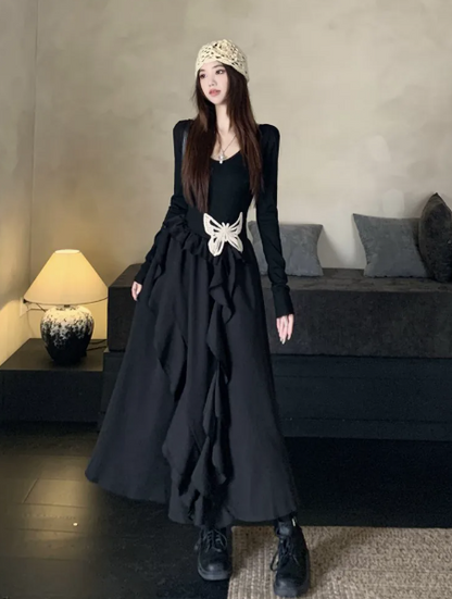 Minimalist Black Pleated Bow Decor Jewel A-Line Maxi Women Dress Holiday Dress YM2708