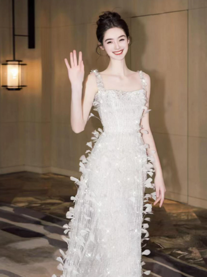 Clean White Tulle Feather Decor Spaghetti Straps A-Line Long Prom Dress Birthday Dress Ball Gown YM2688