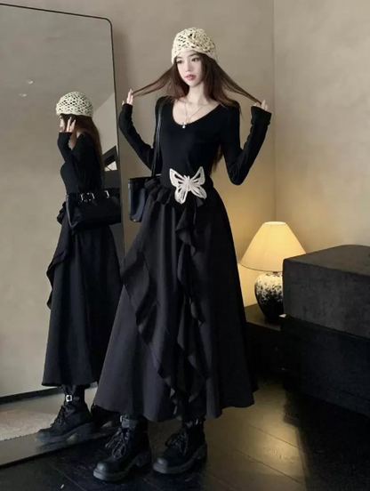 Minimalist Black Pleated Bow Decor Jewel A-Line Maxi Women Dress Holiday Dress YM2708