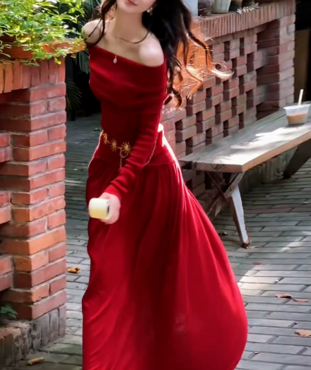 Vibrant Red Flowy Bateau A-Line Maxi Women Dress Holiday Dress YM2718