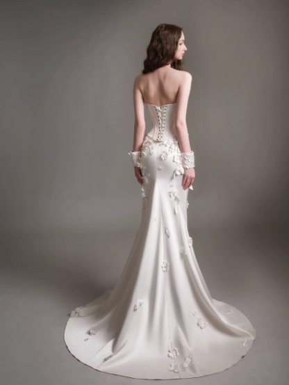 Elegant White Silky Feather Decor Strapless A-Line Long Prom Dress Birthday Dress Ball Gown YM2694