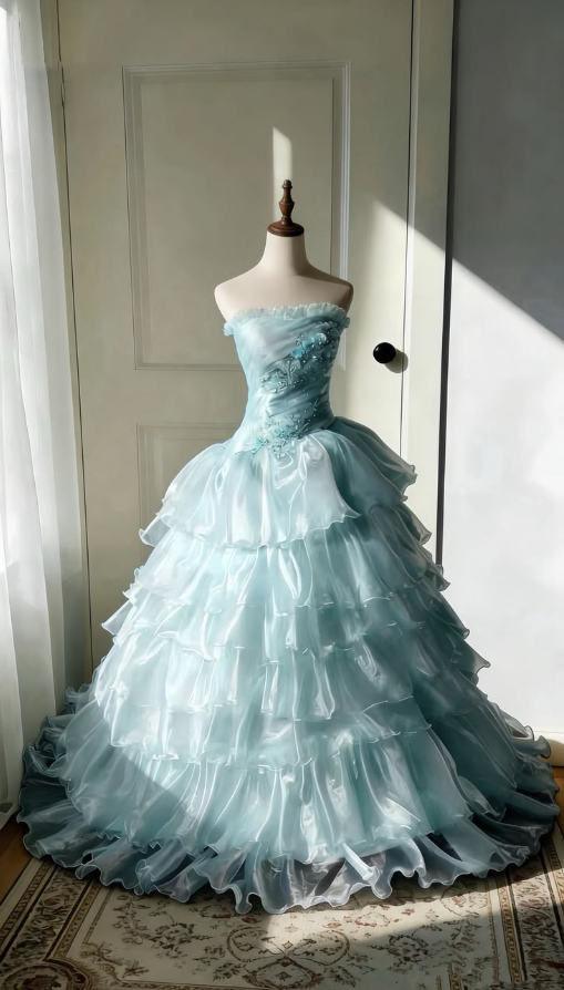 Elegant Mint Green Ruffled Tulle Strapless A-Line Long Prom Dress Birthday Dress YM2581