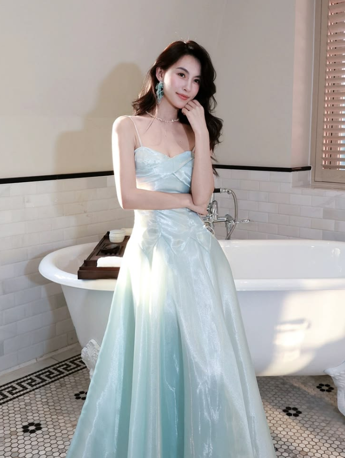 Stunning Pale Blue Satin Silky Spaghetti Straps A-Line Long Prom Dress Birthday Dress YM2619