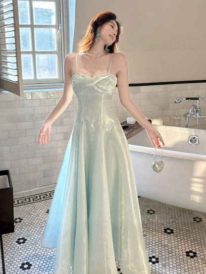 Stunning Pale Blue Satin Silky Spaghetti Straps A-Line Long Prom Dress Birthday Dress YM2619