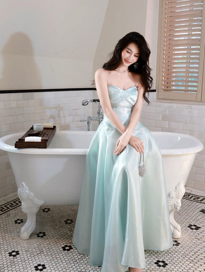 Stunning Pale Blue Satin Silky Spaghetti Straps A-Line Long Prom Dress Birthday Dress YM2619