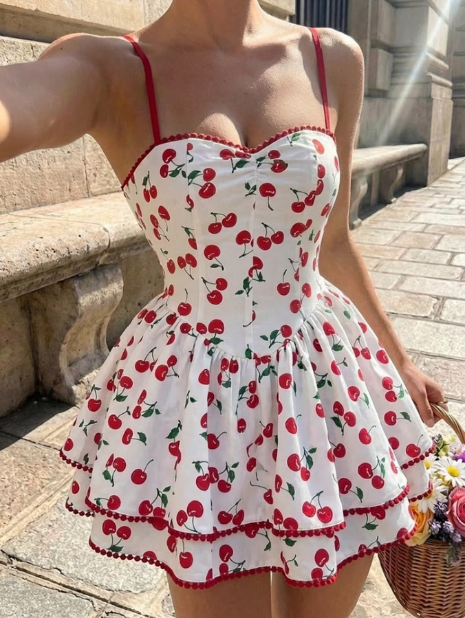 Cute Cherry Ruffled Spaghetti Straps A-Line Short Party Dress Prom Dress YM2481