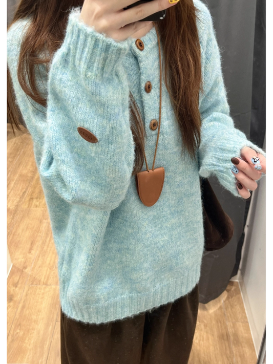 Blue Pullover Soft And Cozy Sweater, Thick And Warm Loose Knitwear YM2406