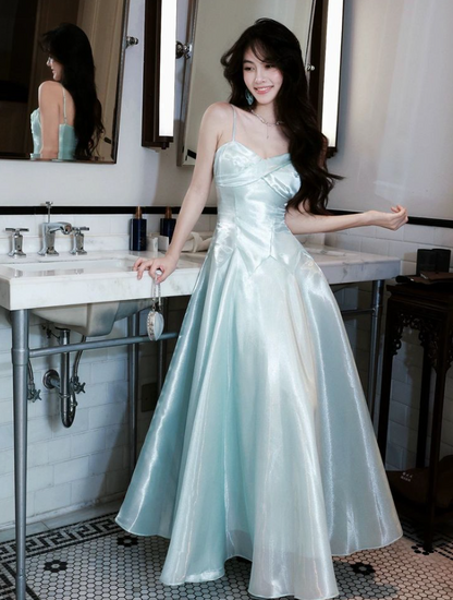 Stunning Pale Blue Satin Silky Spaghetti Straps A-Line Long Prom Dress Birthday Dress YM2619