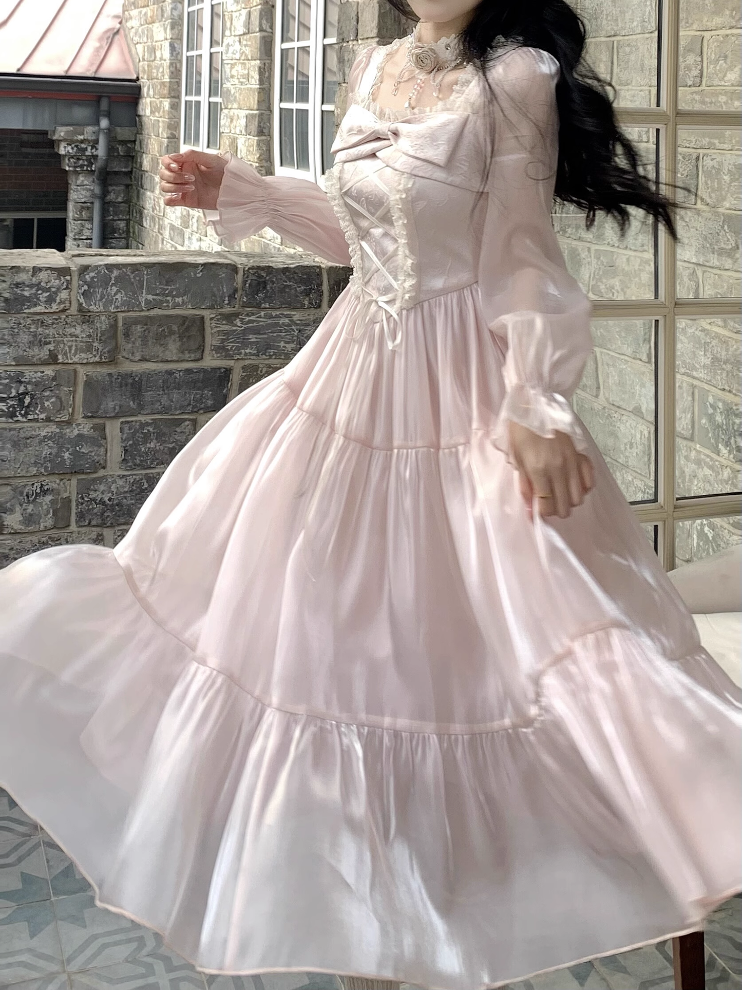 Pink French Square Neck Long Dress Fairy Glossy  Party Dress Prom Dress YM2027