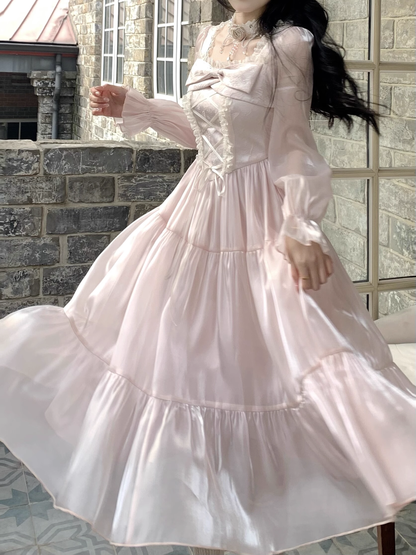 Pink French Square Neck Long Dress Fairy Glossy  Party Dress Prom Dress YM2027