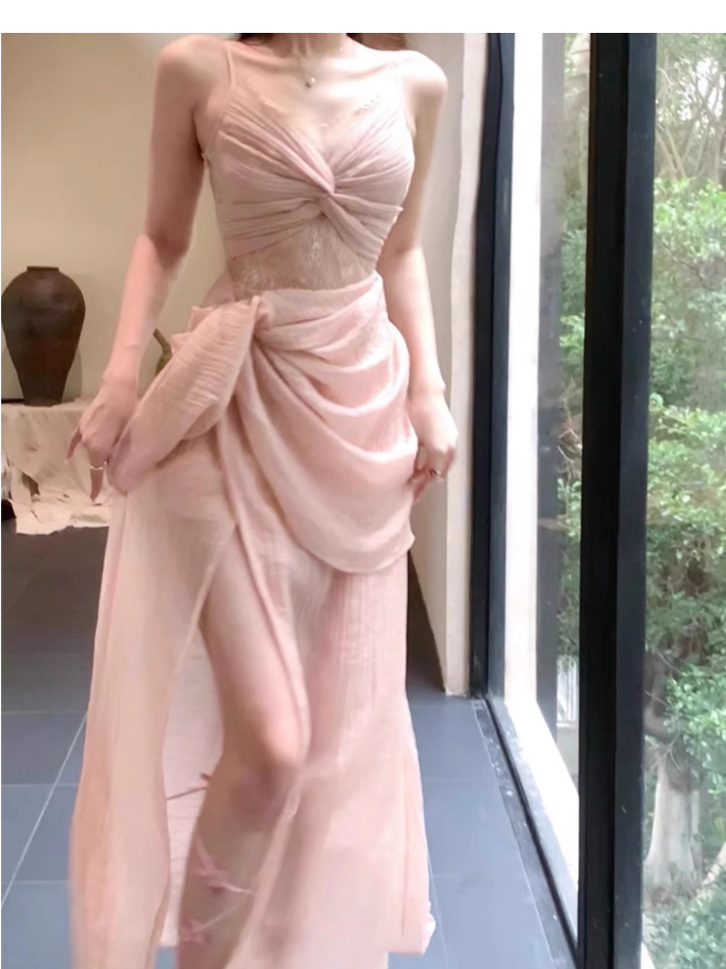 Sexy Lace Fuchsia Prom Dress Slit Pleated Party Dress YM1699