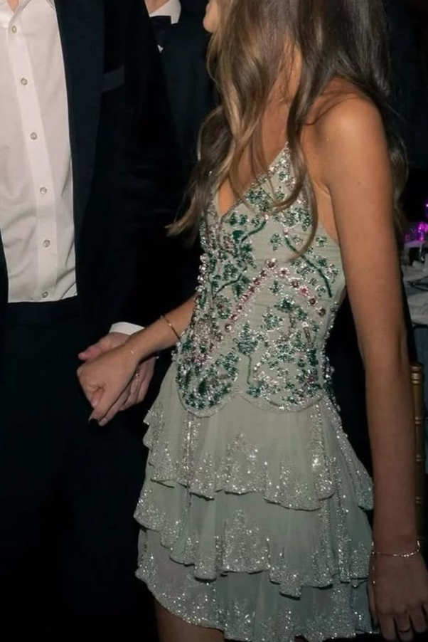 Sparkly Soft Green Sequins Ruffled Spaghetti Straps A-Line Short Prom Dress Cocktail Dress YM2501