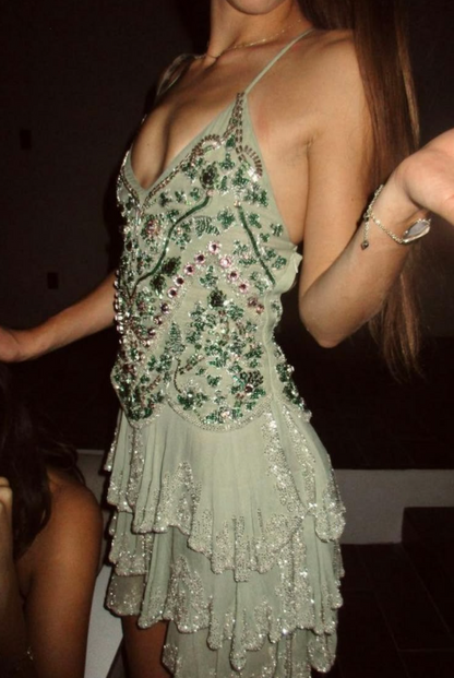 Sparkly Soft Green Sequins Ruffled Spaghetti Straps A-Line Short Prom Dress Cocktail Dress YM2501