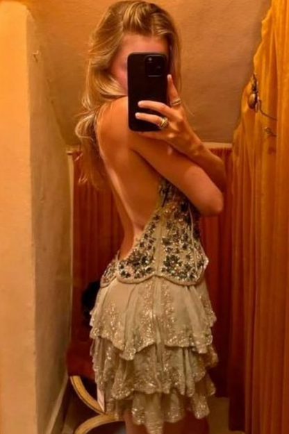 Sparkly Soft Green Sequins Ruffled Spaghetti Straps A-Line Short Prom Dress Cocktail Dress YM2501
