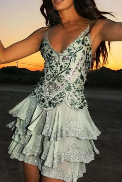 Sparkly Soft Green Sequins Ruffled Spaghetti Straps A-Line Short Prom Dress Cocktail Dress YM2501