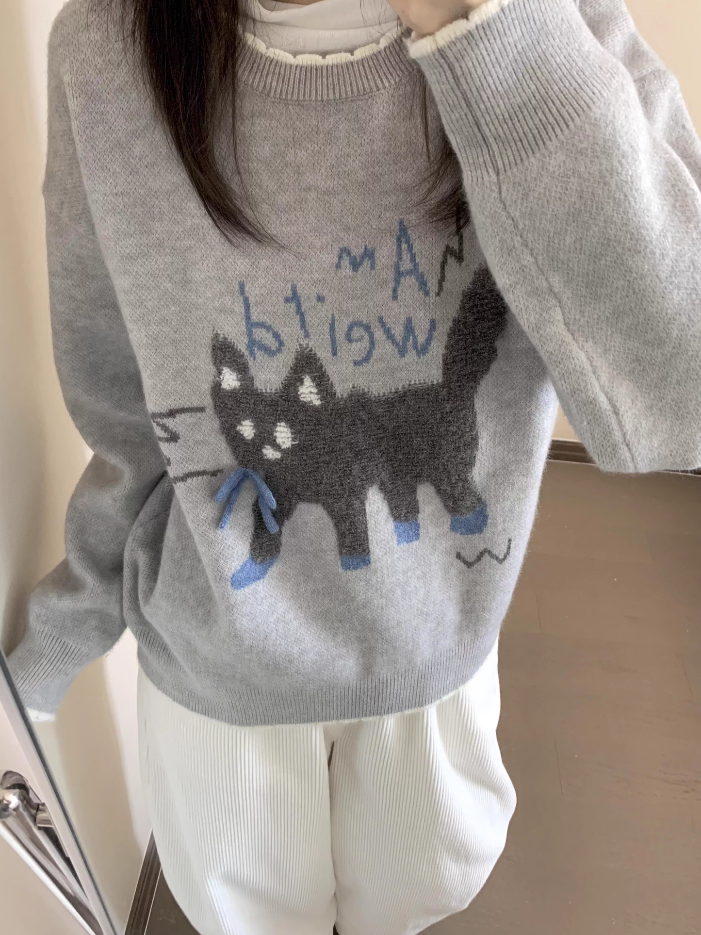 Kitten Jacquard Pullover Knitted Cardigan Gray Cute Autumn Sweater YM2397