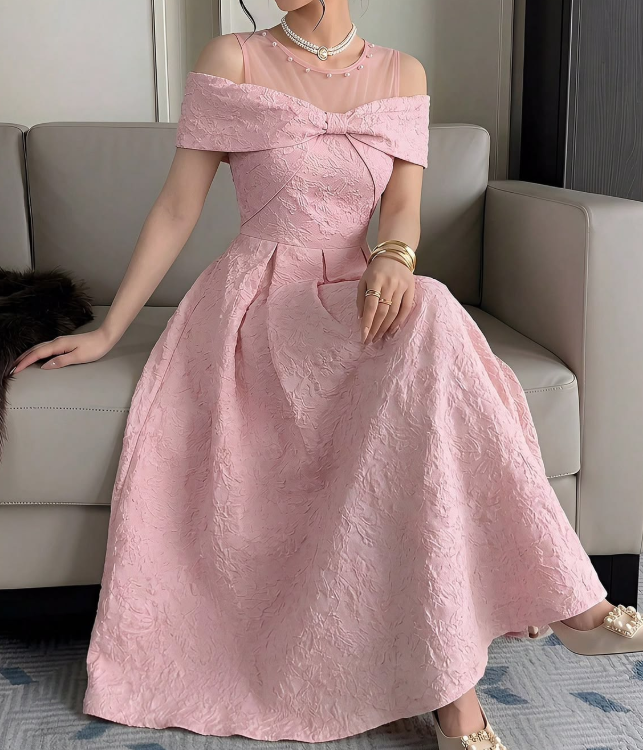 Sweet Pink Embroidered Bateau A-Line Long Prom Dress Birthday Dress YM2583