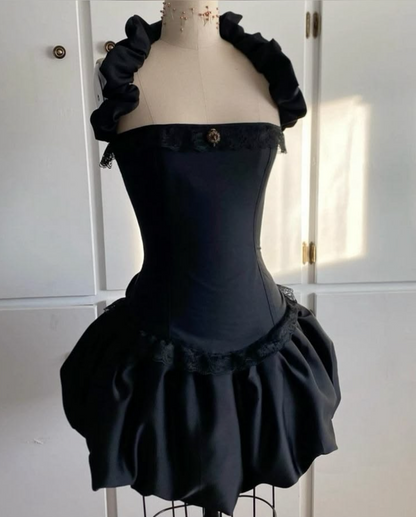 Minimalist Black Pleated Strapless A-Line Short Prom Dress Cocktail Dress YM2551