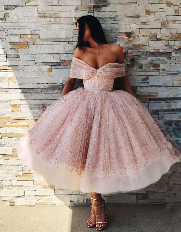 Sparkly Pink Sequins Puffy Bateau A-Line Long Prom Dress Birthday Dress YM2622