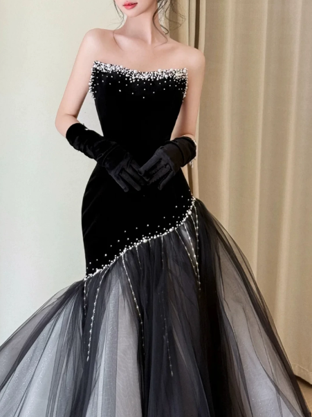 Hazy Contrast Tulle Puffy Beaded Strapless A-Line Long Prom Dress Birthday Dress YM2642