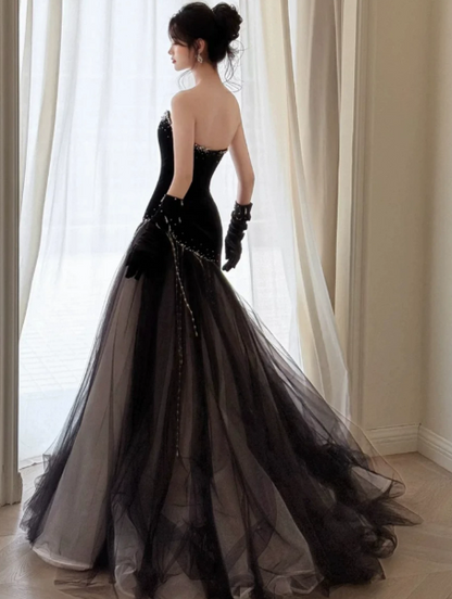 Hazy Contrast Tulle Puffy Beaded Strapless A-Line Long Prom Dress Birthday Dress YM2642