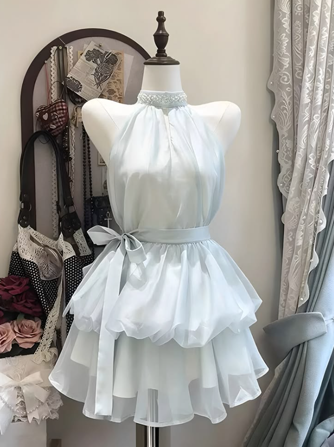 Fresh Pale Blue Pleated Chiffon High Collar A-Line Short Prom Dress Cocktail Dress YM2552