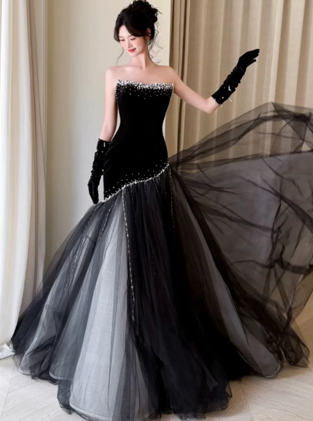Hazy Contrast Tulle Puffy Beaded Strapless A-Line Long Prom Dress Birthday Dress YM2642