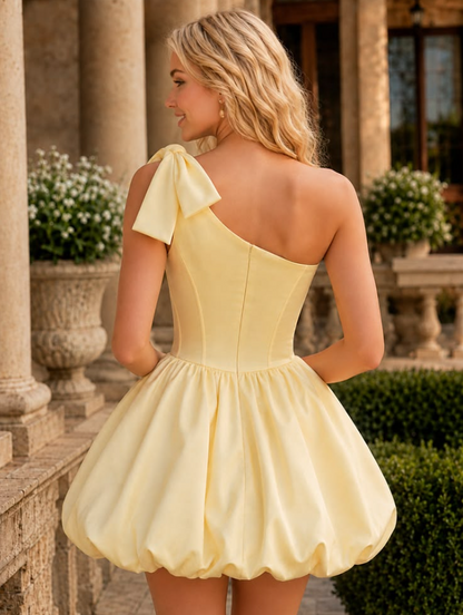 Applique Vibrant Pastel Yellow One-shoulder A-Line Short Party Dress Prom Dress YM2483