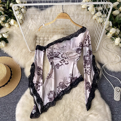 Off-shoulder T-shirt Women's Lace Splicing Irregular Printed Top YM1694