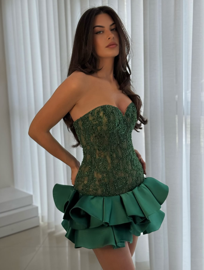 Elegant Green Embroidered Lace Sweetheart A-Line Short Prom Dress Cocktail Dress YM2553