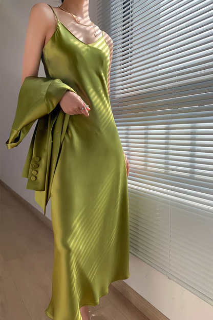 Simple Bean Paste Green Satin Long Party Dress Birthday Outfits YM2433