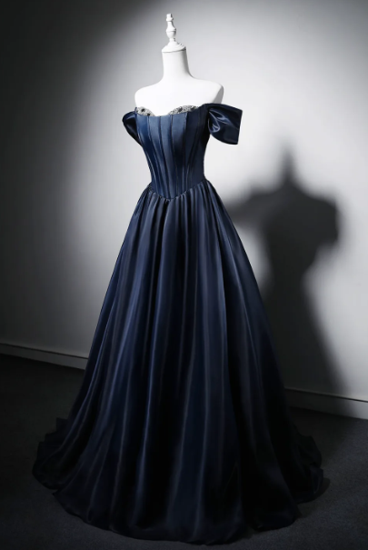 Stunning Navy Beaded Silky Strapless A-Line Long Prom Dress Birthday Dress YM2586