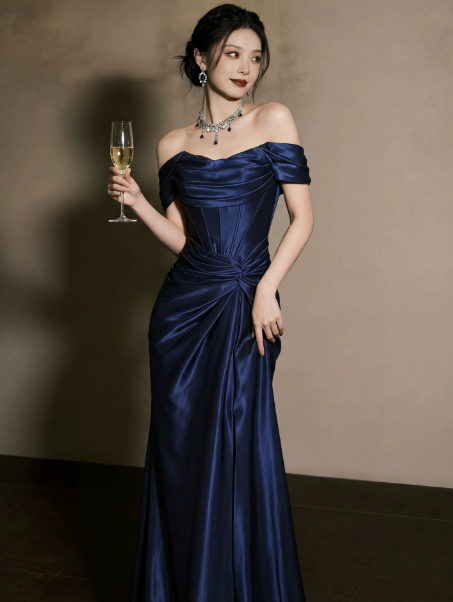 Sparkly Navy Satin Silky Bateau Mermaid Long Prom Dress Birthday Dress Ball Gown YM2644