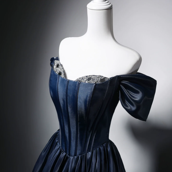 Stunning Navy Beaded Silky Strapless A-Line Long Prom Dress Birthday Dress YM2586