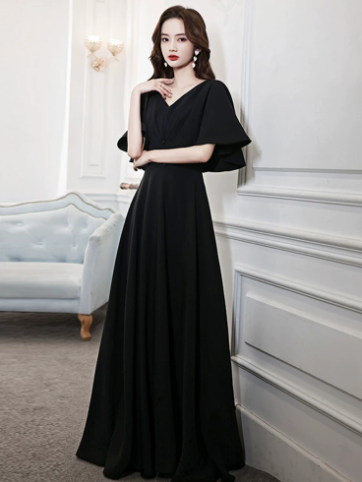 Minimalist Black Silky Flowy Portrait A-Line Long Prom Dress Casual Dress Ball Gown YM2668