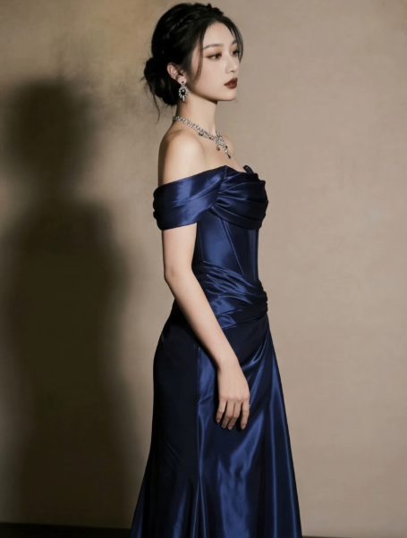 Sparkly Navy Satin Silky Bateau Mermaid Long Prom Dress Birthday Dress Ball Gown YM2644
