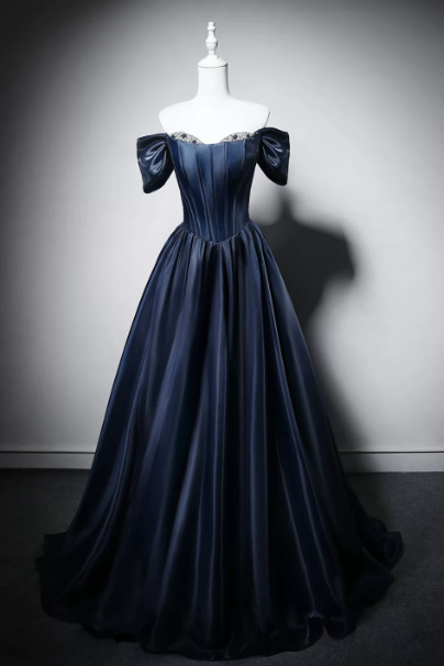 Stunning Navy Beaded Silky Strapless A-Line Long Prom Dress Birthday Dress YM2586