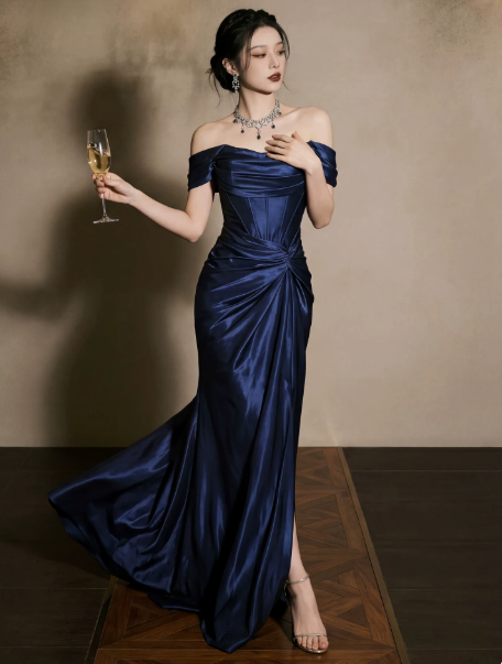 Sparkly Navy Satin Silky Bateau Mermaid Long Prom Dress Birthday Dress Ball Gown YM2644