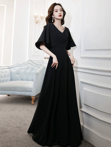 Minimalist Black Silky Flowy Portrait A-Line Long Prom Dress Casual Dress Ball Gown YM2668