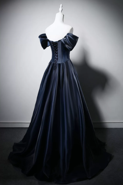 Stunning Navy Beaded Silky Strapless A-Line Long Prom Dress Birthday Dress YM2586