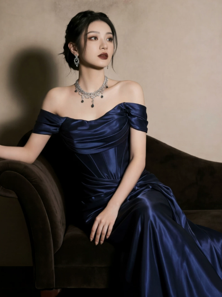 Sparkly Navy Satin Silky Bateau Mermaid Long Prom Dress Birthday Dress Ball Gown YM2644