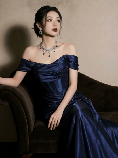 Sparkly Navy Satin Silky Bateau Mermaid Long Prom Dress Birthday Dress Ball Gown YM2644