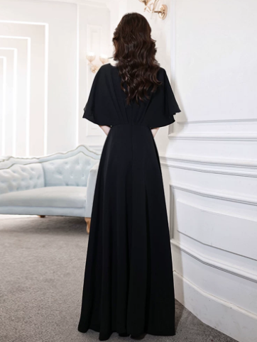Minimalist Black Silky Flowy Portrait A-Line Long Prom Dress Casual Dress Ball Gown YM2668