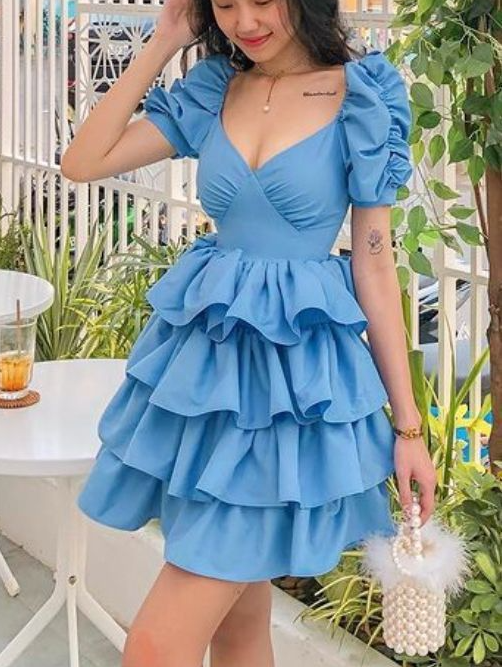 Pretty Blue Ruffled Chiffon Square-neck A-Line Short Prom Dress Party Dress YM2554