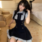Preppy Style Fake Two-Piece Navy Blue Puff Sleeve Suspender Waist Party Dress YM2039