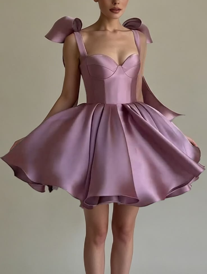Pretty Dusty Pink Tiered Satin Spaghetti Straps A-Line Short Prom Dress Party Dress YM2555