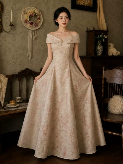 Stunning Champagne Printed Pattern Bateau A-Line Long Prom Dress Birthday Dress YM2587