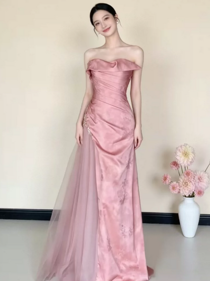 Sweet Pink Tiered Hazy Strapless Mermaid Long Prom Dress Birthday Dress Ball Gown YM2645