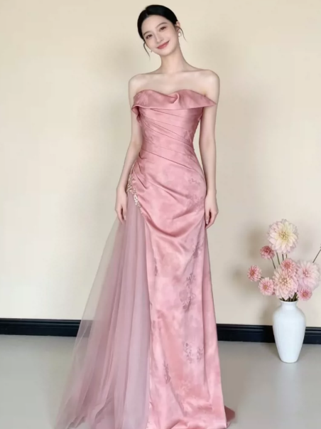 Sweet Pink Tiered Hazy Strapless Mermaid Long Prom Dress Birthday Dress Ball Gown YM2645